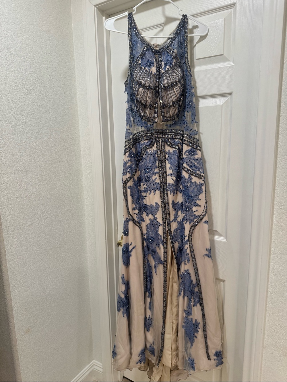 Terani Couture Navy Blue Embellished Nude Maxi Dress